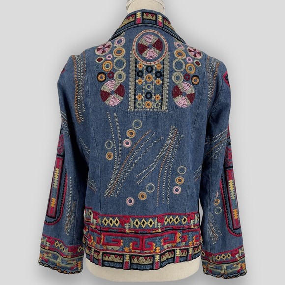 Coldwater Creek Embroidered Bohemian Hippie Denim Jacket Long Sleeve Womens PS - Picture 2 of 16